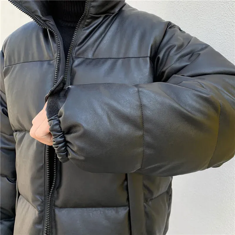 Aidase Thicken Solid Color Mens Parkas Oversized Warm Winter Leather Coats Harajuku Fashion Male Loose Cotton Padded Jackets PU Leather