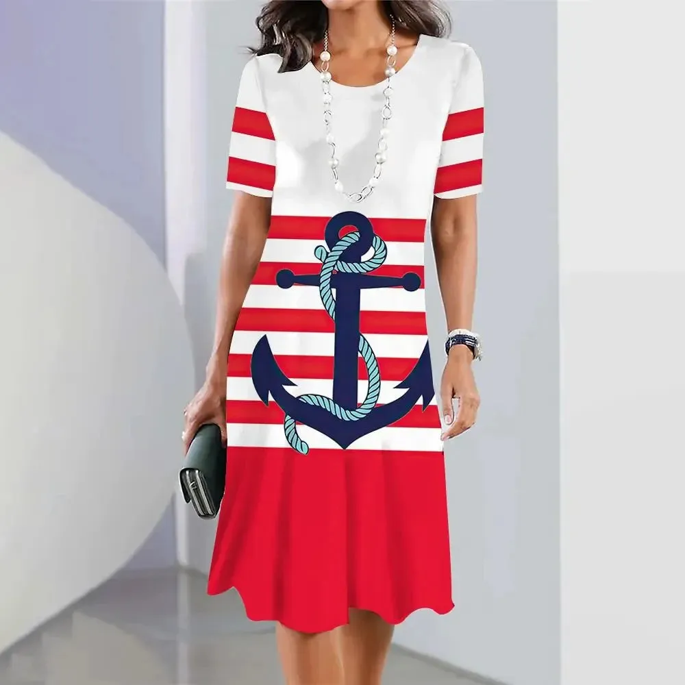 Ashore Shop 3d Anchor Printed Short Sleeve Skirt Summer  Dress