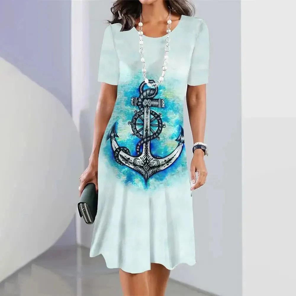 Ashore Shop 3d Anchor Printed Short Sleeve Skirt Summer  Dress