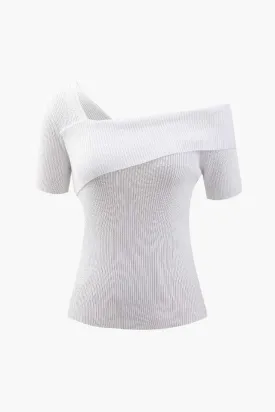 Asymmetric Shoulder Rib Knit Short Sleeve T-Shirt