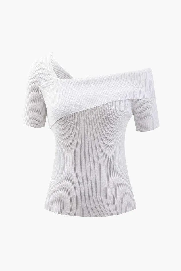 Asymmetric Shoulder Rib Knit Short Sleeve T-Shirt