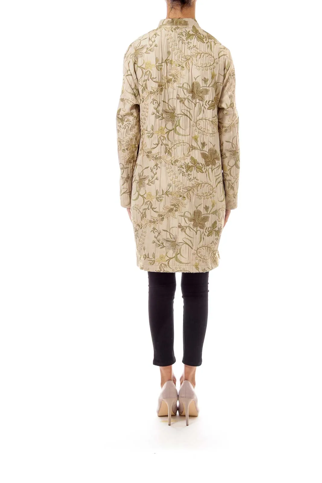 Beige Flower Embroidery Button Down Coat