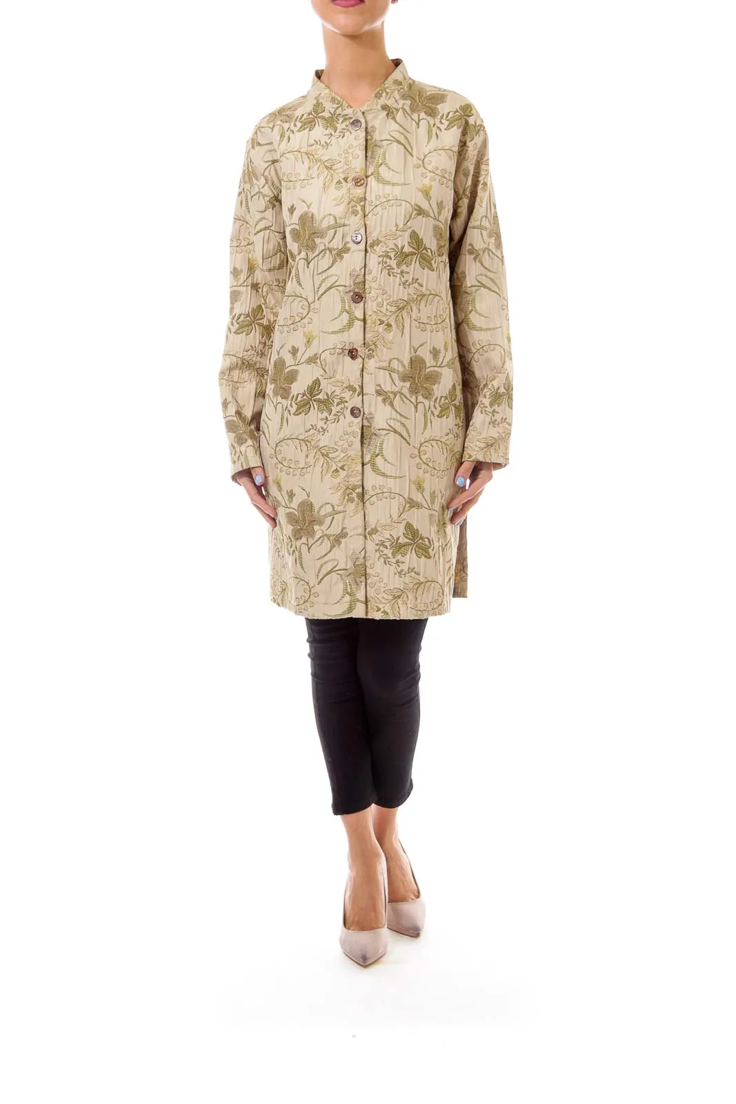 Beige Flower Embroidery Button Down Coat