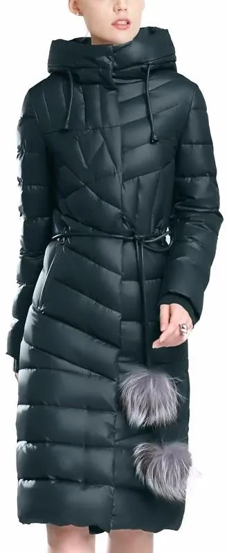 Belted Fur Pom Pom Puffer Down Coat in Dark Green