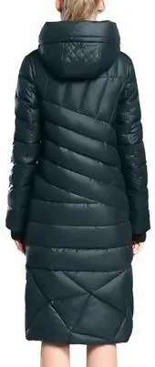 Belted Fur Pom Pom Puffer Down Coat in Dark Green