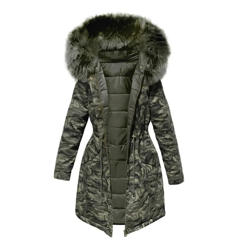 Big Faux Fur Collar Camouflage Women Slim Oversized Long Down Coat