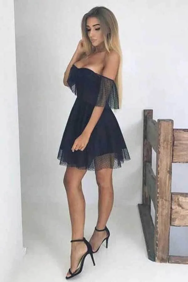 Black A-line Tulle Off-the-Shoulder Homecoming Dresses, Graduation Dresses, SH615