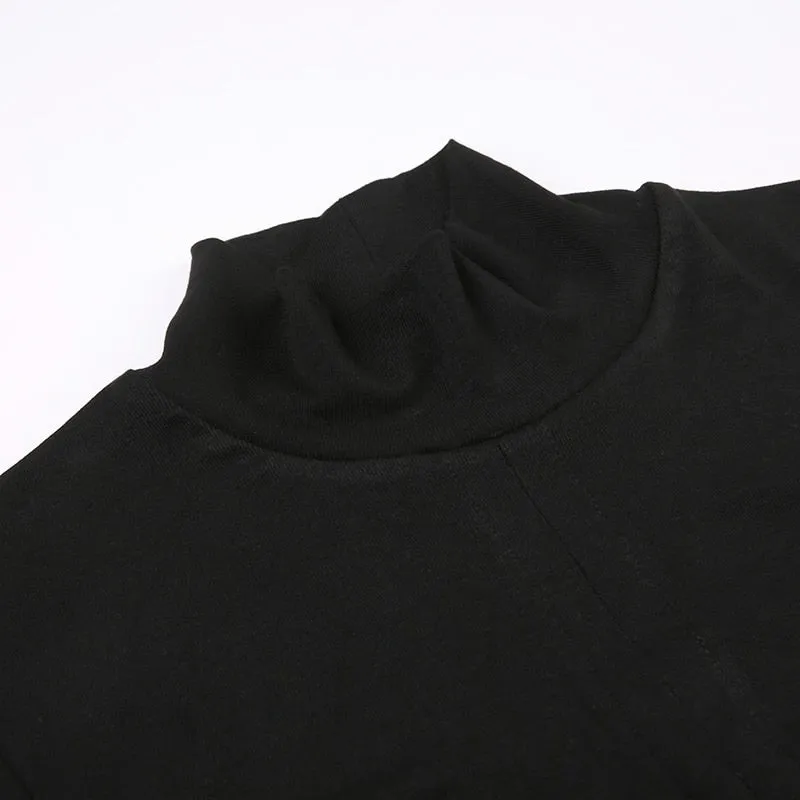 Black Long Sleeve Turtleneck Drawstring Top