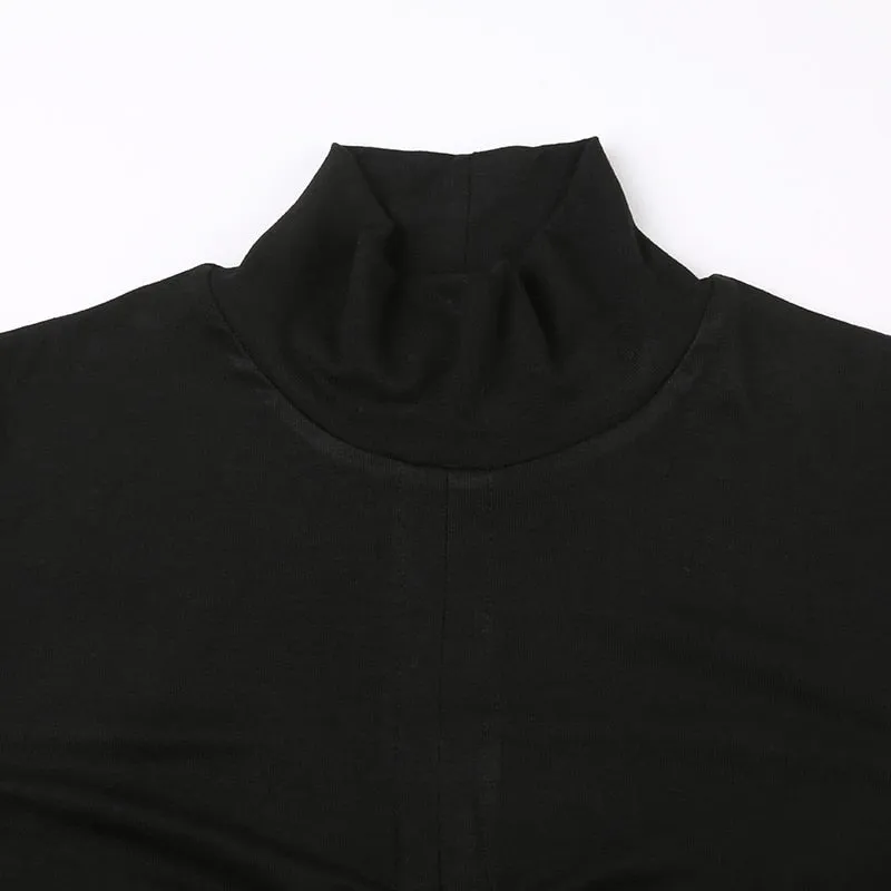 Black Long Sleeve Turtleneck Drawstring Top