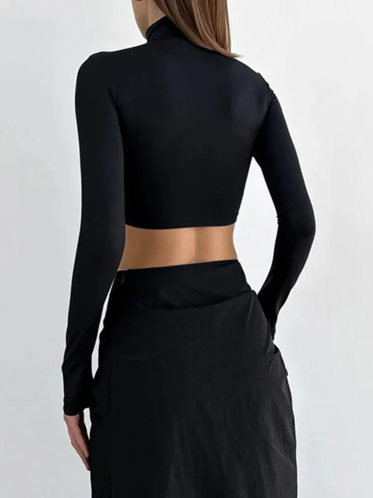 Black Long Sleeve Turtleneck Drawstring Top