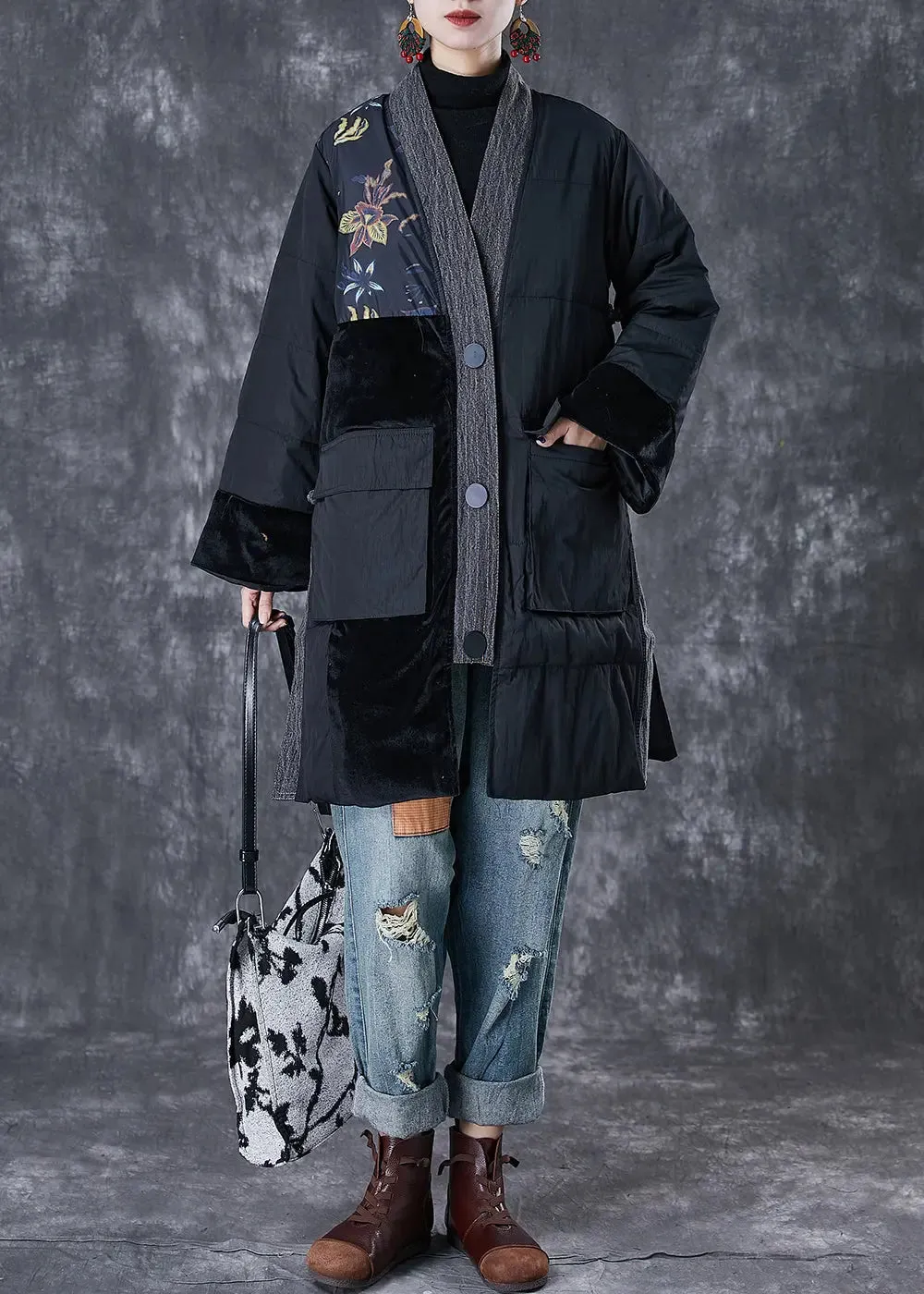 Black Patchwork Thick Fine Cotton Filled Parkas Oversized Pockets Winter ML3085