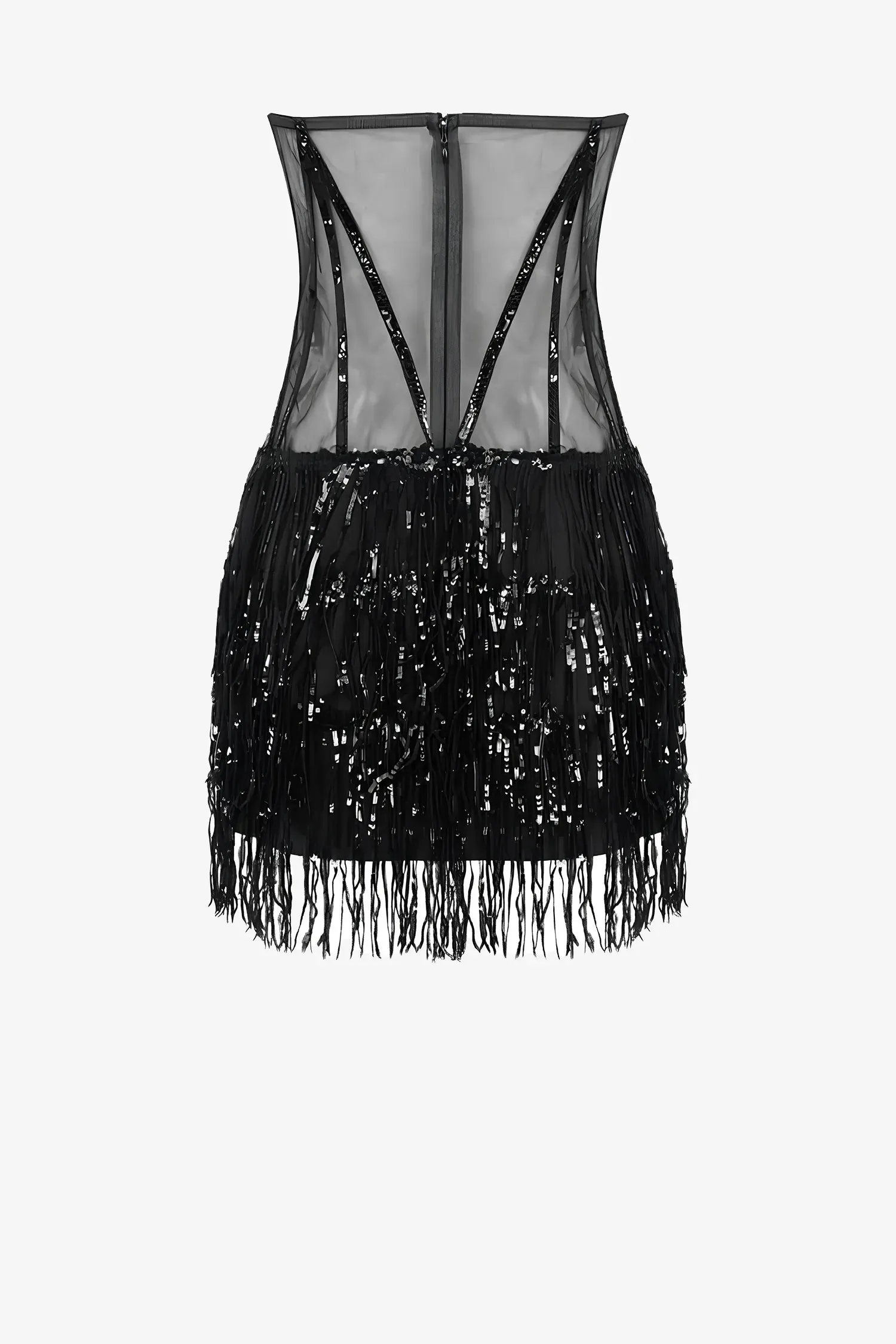 Black Sequin Fringe Mesh Corset Dress