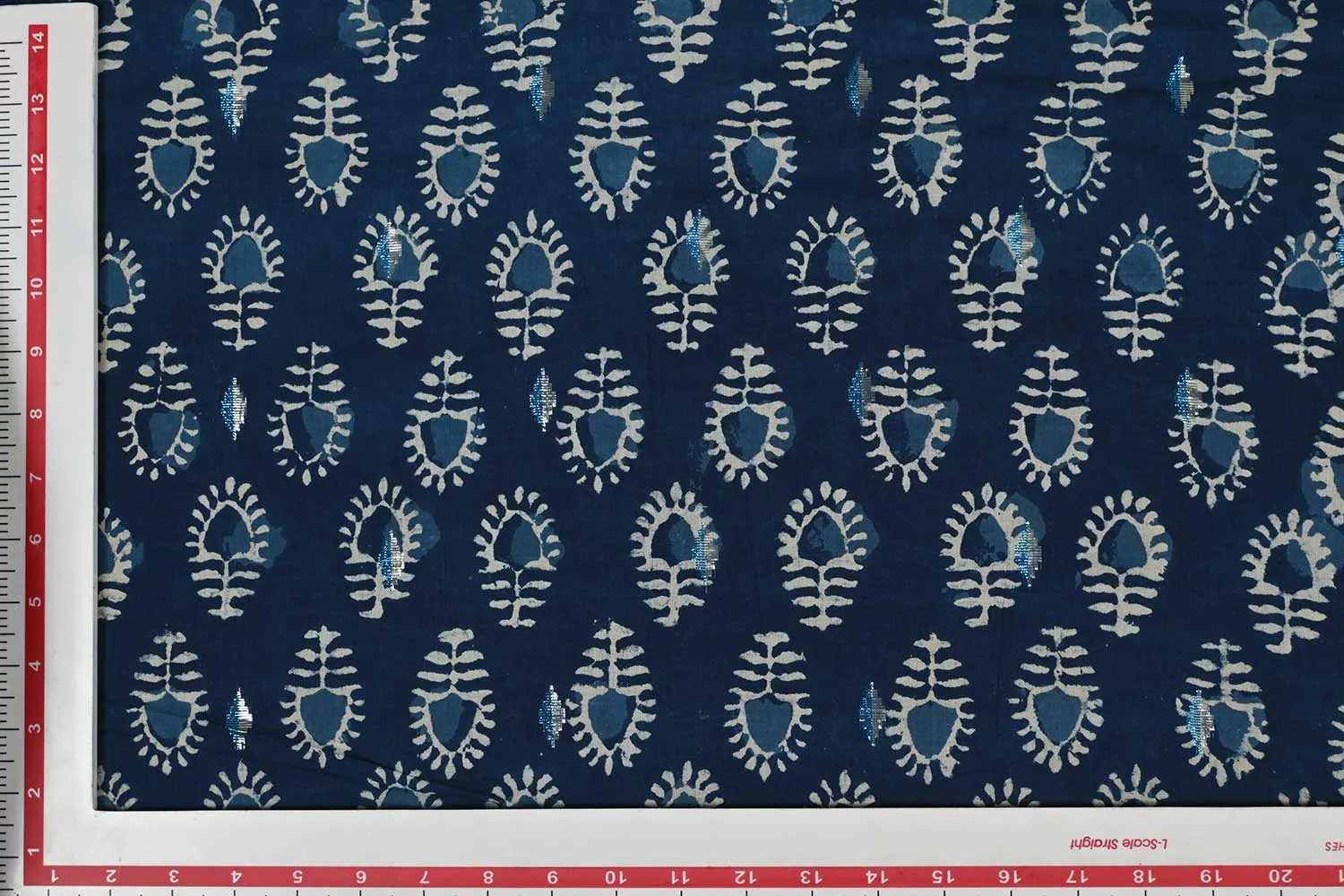 Blue & White Motifs Cotton Cambric Lurex Fabric