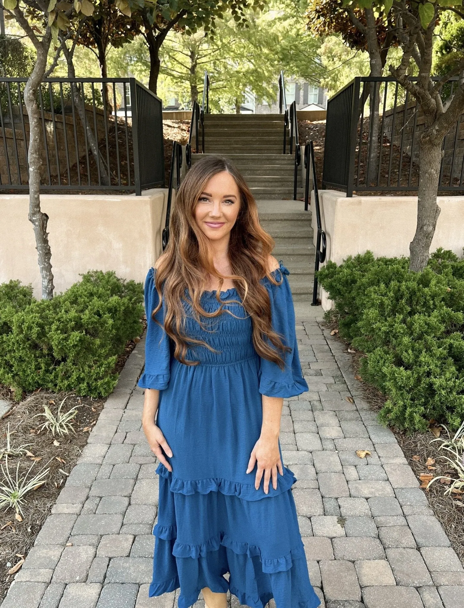 Blue Off The Shoulder Tiered Midi Dress - FINAL SALE