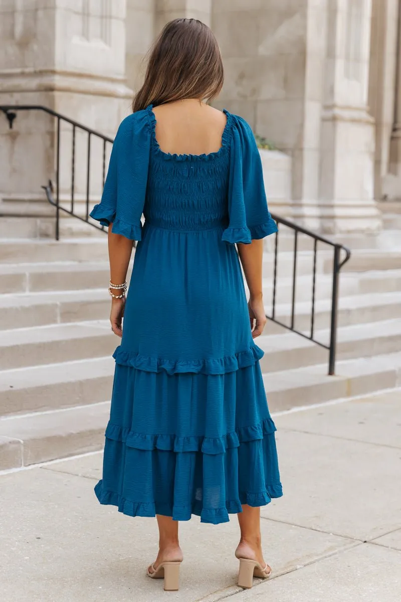 Blue Off The Shoulder Tiered Midi Dress - FINAL SALE