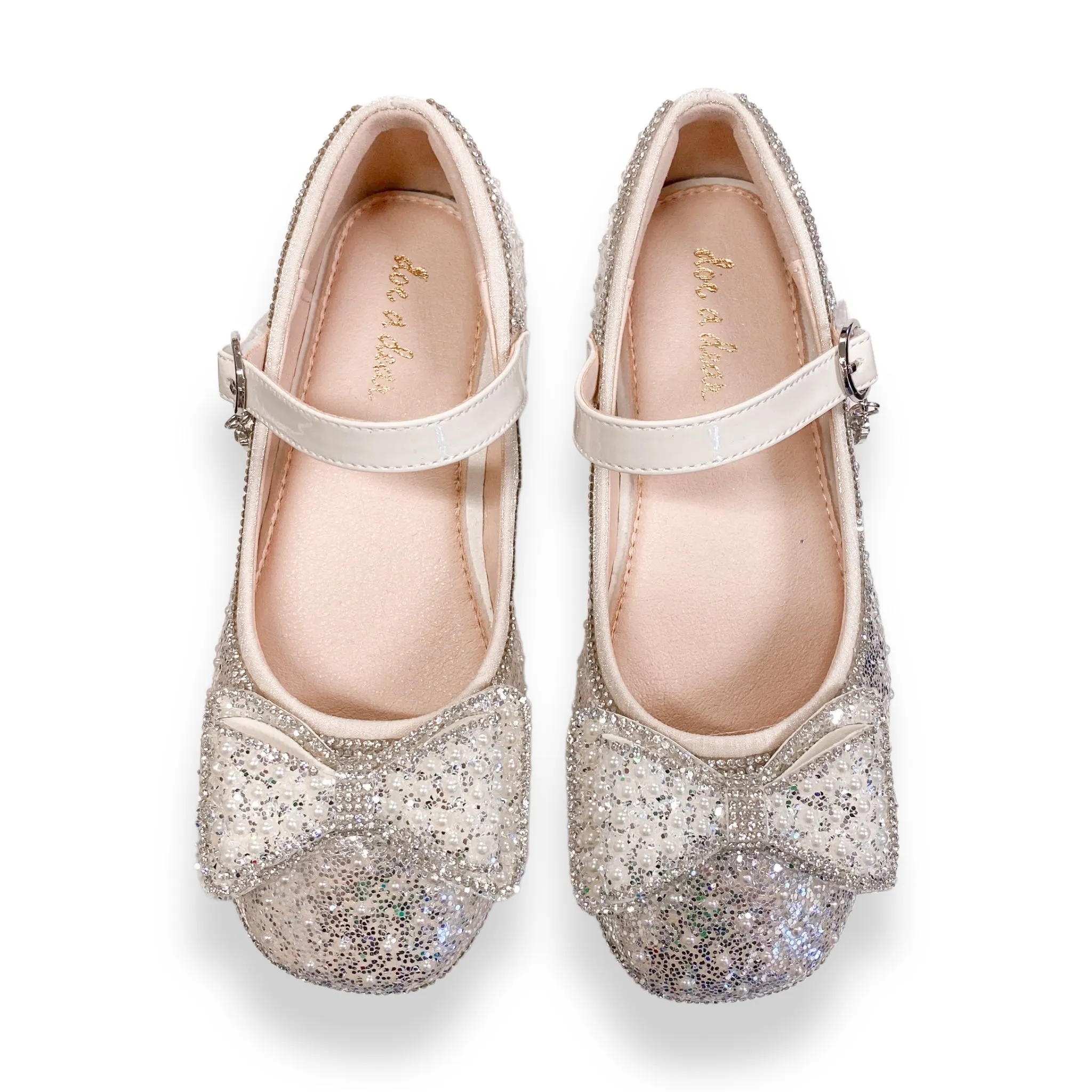 Bowtie Glitter Stud Heel Flats - Beige