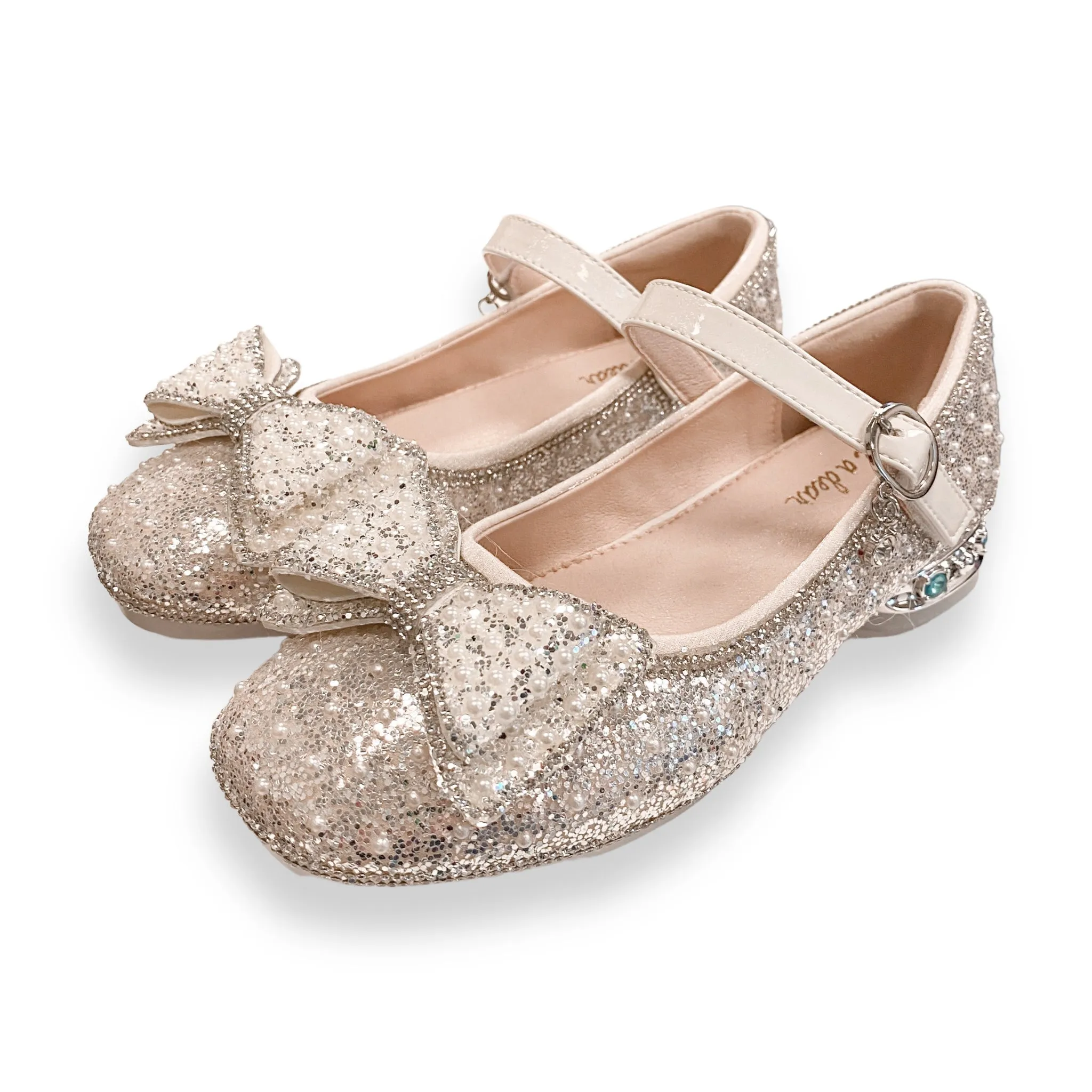 Bowtie Glitter Stud Heel Flats - Beige