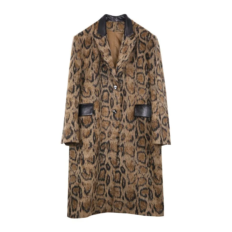 Brown Spliced Snake Print PU Vegan Midi Coat