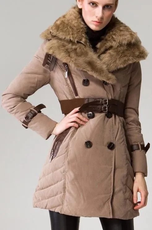 Buckled Sheep-Fur-Collar Double Breasted Down Coat in Khaki