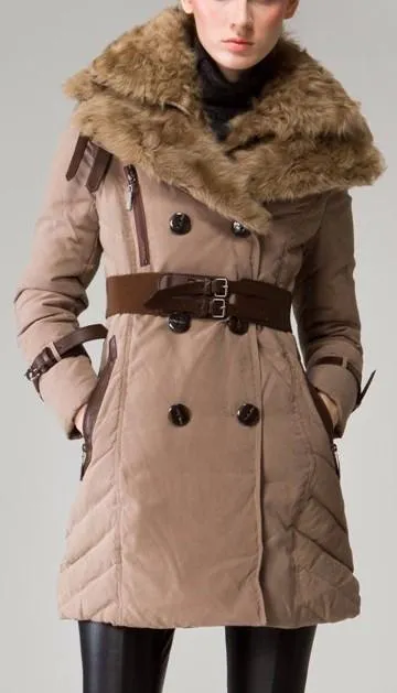 Buckled Sheep-Fur-Collar Double Breasted Down Coat in Khaki