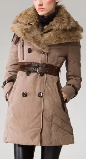 Buckled Sheep-Fur-Collar Double Breasted Down Coat in Khaki