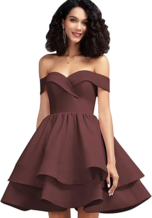 Burgundy Off Shoulder Short Prom Dress Satin Homecoming Dresses for Teens A Line Cocktail Party Gowns Mini Dress - Homdor