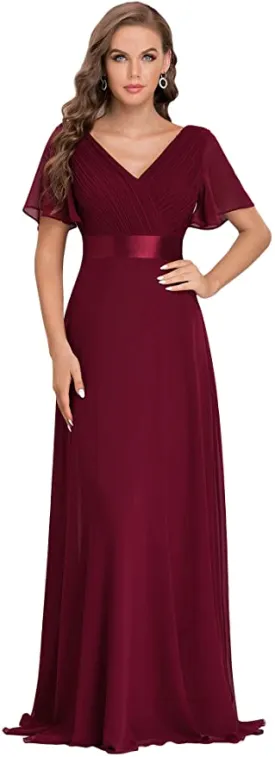 Burgundy Women's Short Sleeve V-Neck Long Evening Dress - Ever Pretty