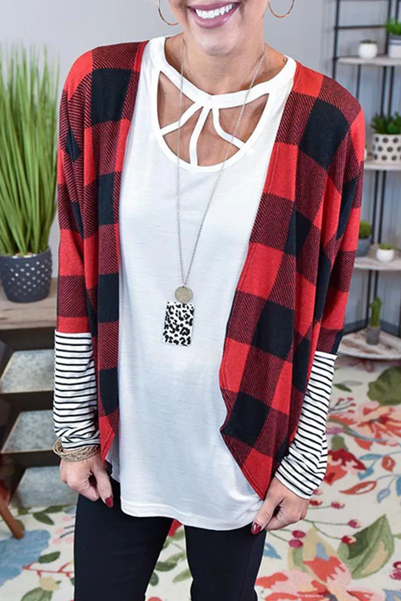 Casual Plaid Striped Patchwork Contrast Tops