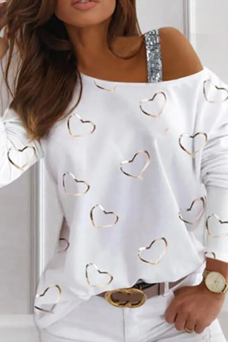 Casual Print Patchwork Oblique Collar Tops