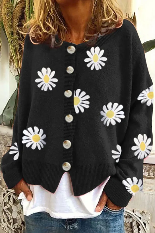 Chrysanthemum Embroidery Knitting Button Down Cardigan Coats