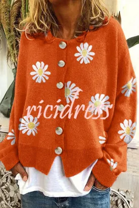 Chrysanthemum Embroidery Knitting Button Down Cardigan Coats