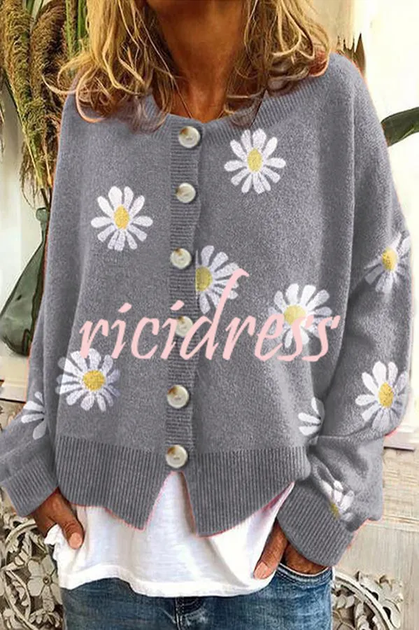 Chrysanthemum Embroidery Knitting Button Down Cardigan Coats