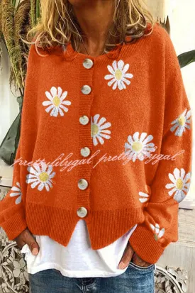 Chrysanthemum Embroidery Knitting Button Down Cardigan Coats