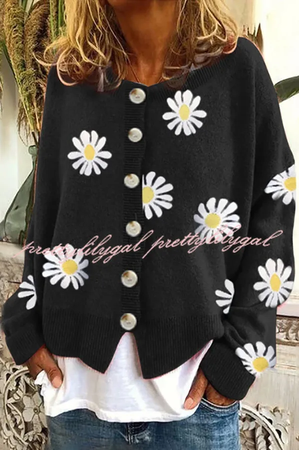 Chrysanthemum Embroidery Knitting Button Down Cardigan Coats