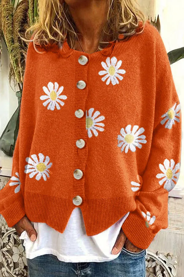 Chrysanthemum Embroidery Knitting Button Down Cardigan Coats