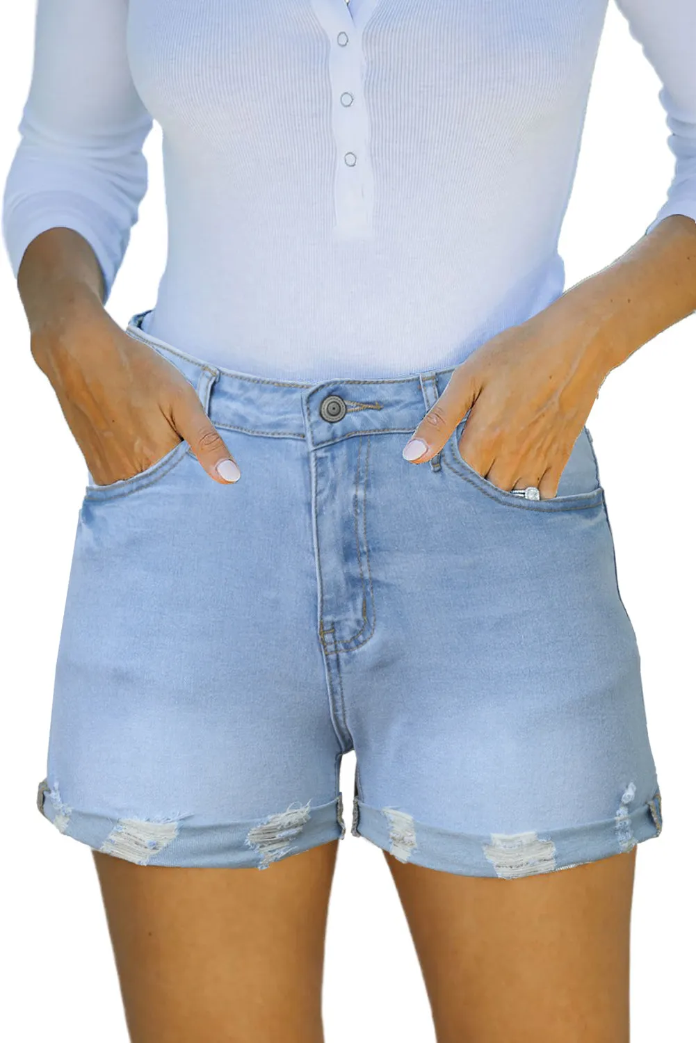 Classic High Waisted Worn Out Denim Shorts