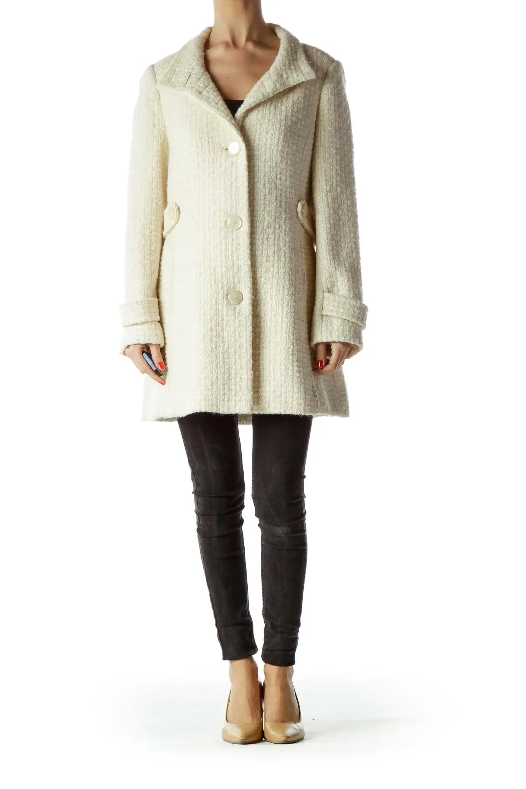 Cream Buttoned High Neck Tweed Coat