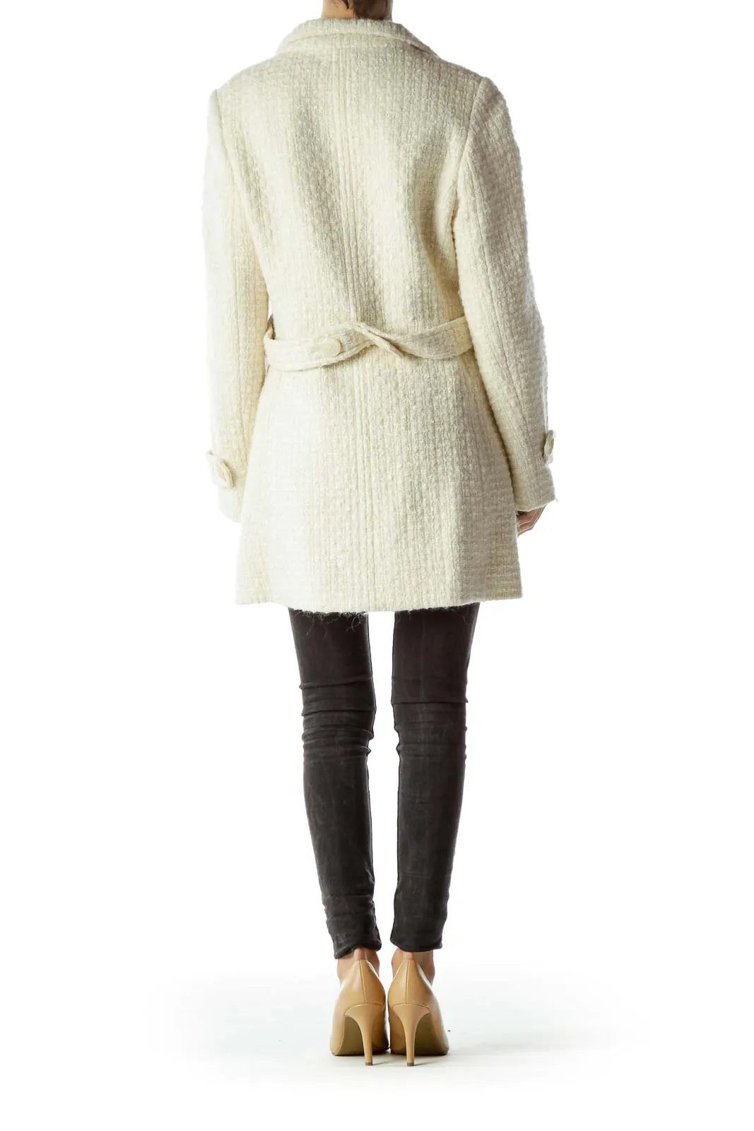 Cream Buttoned High Neck Tweed Coat