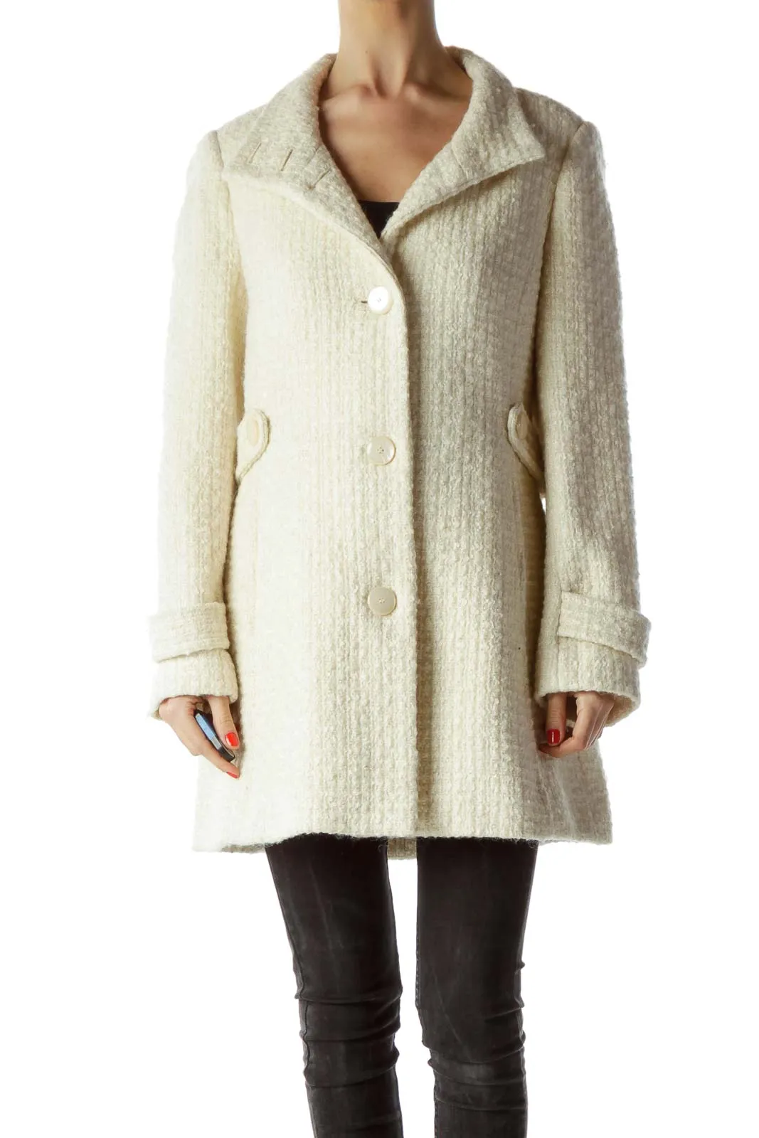 Cream Buttoned High Neck Tweed Coat