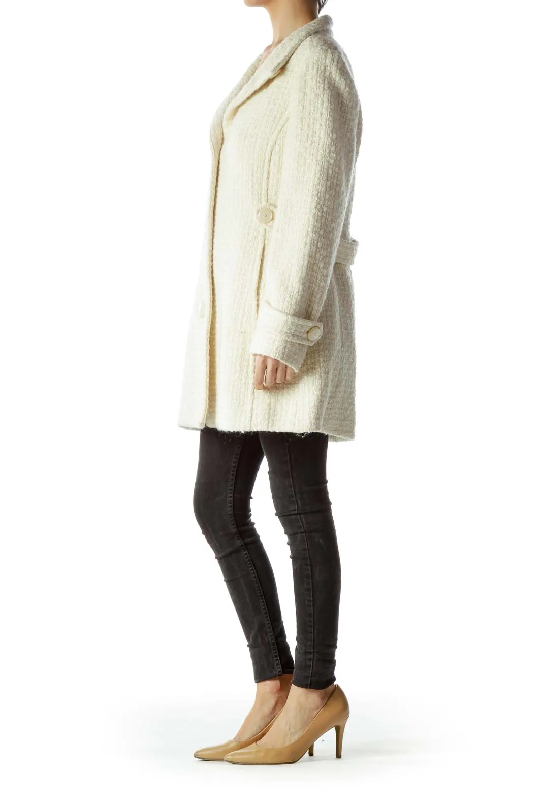 Cream Buttoned High Neck Tweed Coat