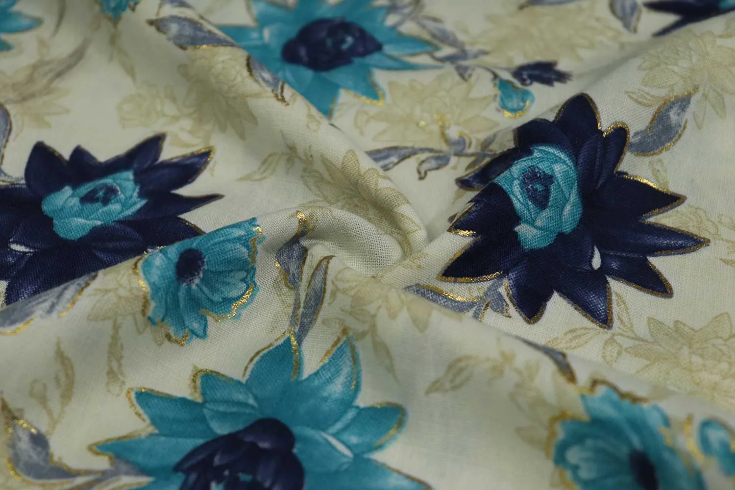 Cream Floral Printed Viscose Blend Fabric