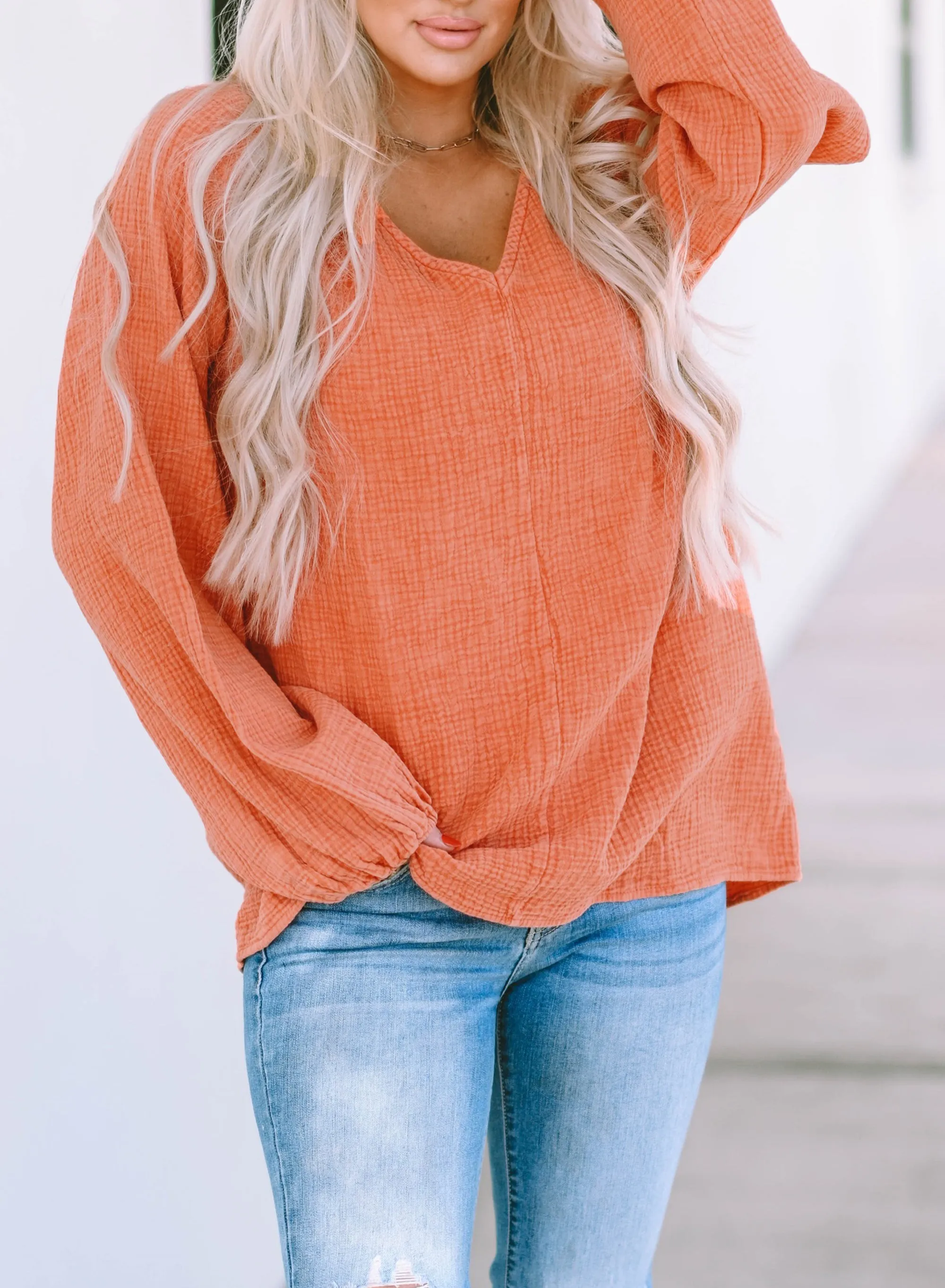 Crinkle Textured Frill Split Neck Blouse