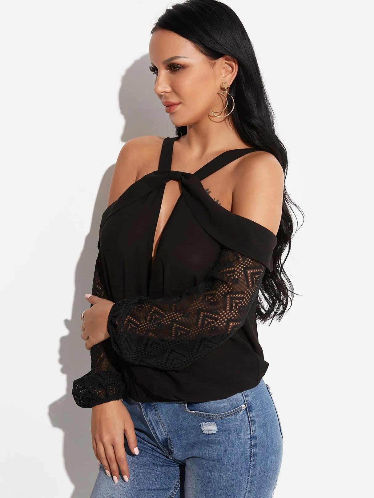 Custom V-Neck Cold Shoulder Crossed Front Backless Hollow Long Sleeve Black Blouses