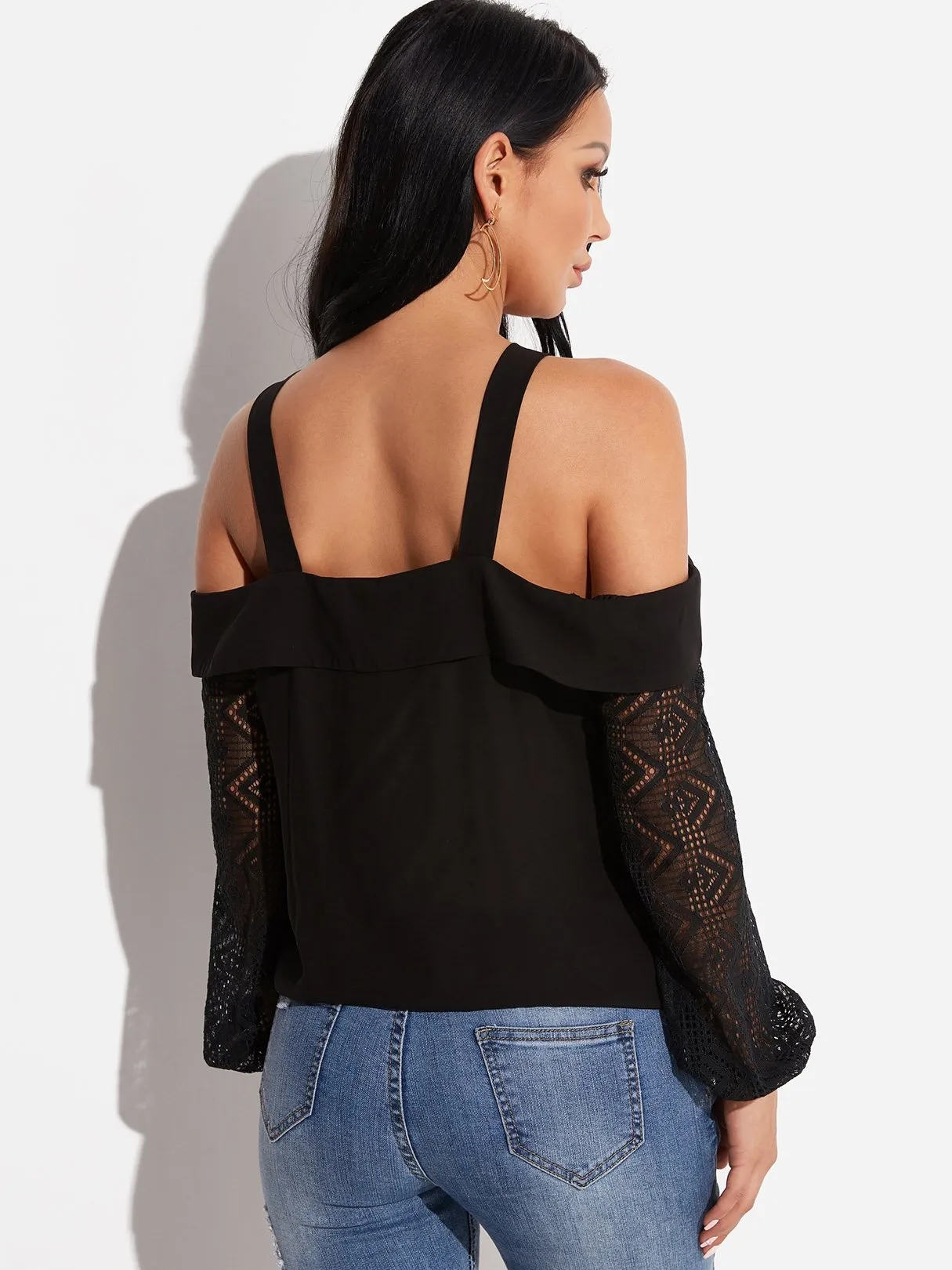 Custom V-Neck Cold Shoulder Crossed Front Backless Hollow Long Sleeve Black Blouses