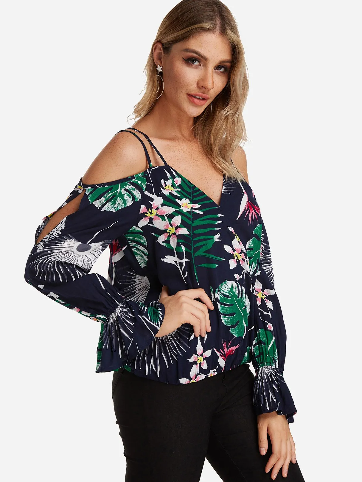 Custom V-Neck Cold Shoulder Crossed Front Cut Out Long Sleeve Navy Blouses