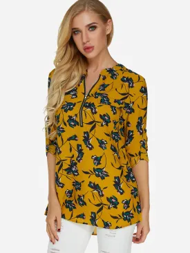 Custom V-Neck Floral Print Zip Back 3/4 Sleeve Yellow Blouses