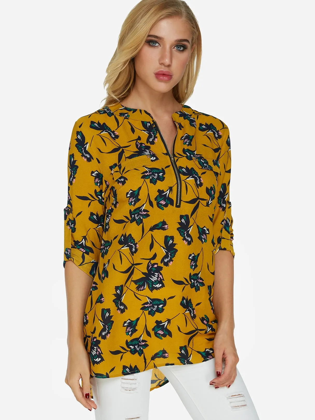 Custom V-Neck Floral Print Zip Back 3/4 Sleeve Yellow Blouses