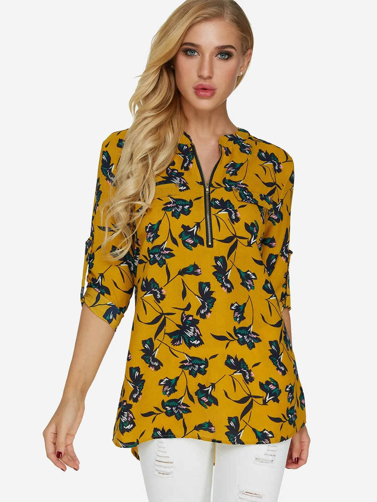 Custom V-Neck Floral Print Zip Back 3/4 Sleeve Yellow Blouses