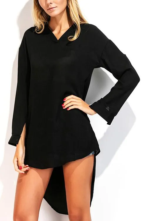 Custom V-Neck Plain Long Sleeve Irregular Hem Black Blouses