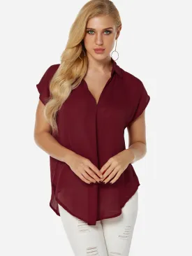 Custom V-Neck Plain Short Sleeve Irregular Hem Blouses